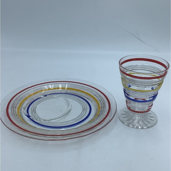 Set of Three Vintage Striped Glass Cordials and Snack Plates - Picture 3 of 11